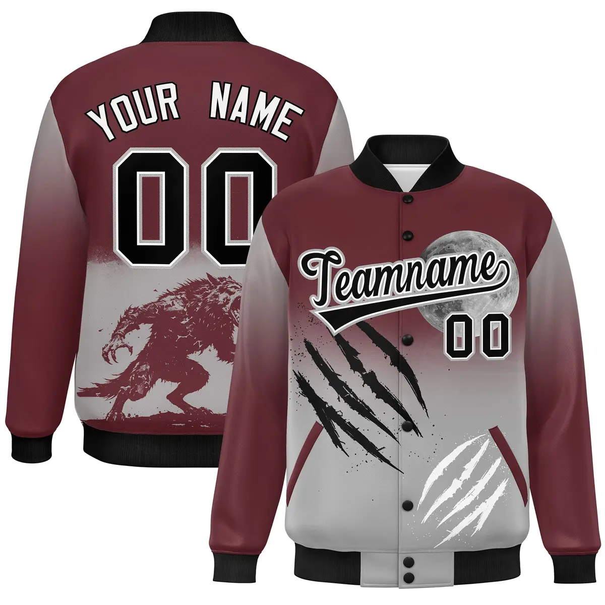 Burgundy Gray Black Halloween Skeleton Varsity Jacket Moisture-Wicking