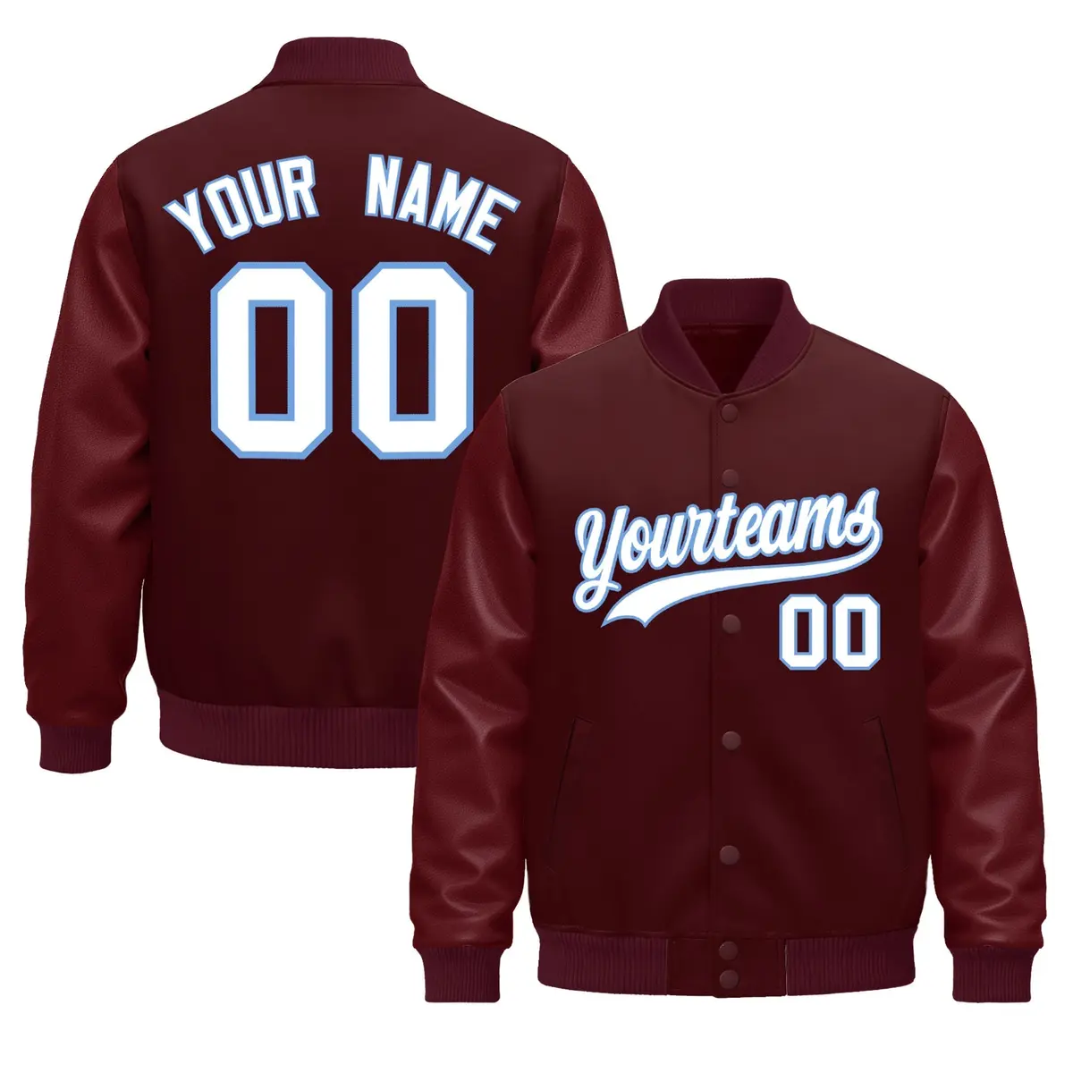 Burgundy Light Blue Varsity Jacket Leather Sleeves Wrinkle-Resistant