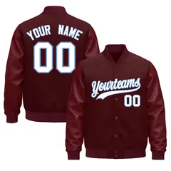 Burgundy Light Blue Varsity Jacket Leather Sleeves Wrinkle-Resistant