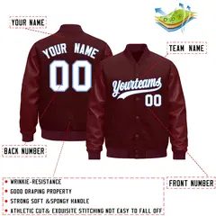 Burgundy Light Blue Varsity Jacket Leather Sleeves Wrinkle-Resistant 2