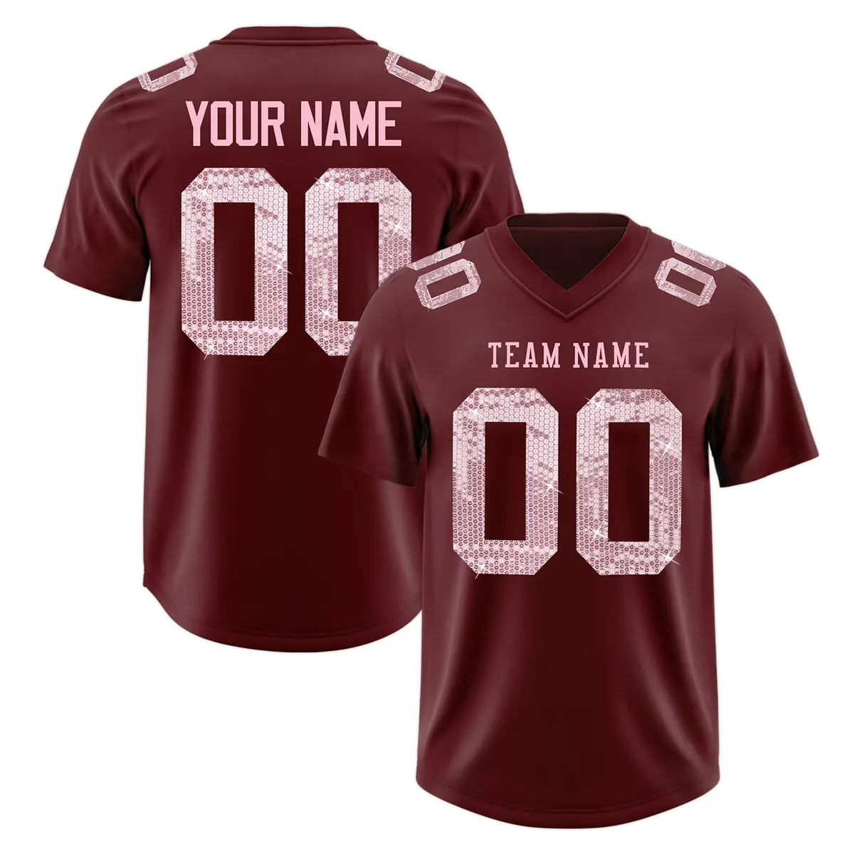 Burgundy Light Pink Sequin Lettering Football Jersey