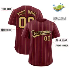 Burgundy Old Gold and Black Bi-Color Stripes Baseball Jersey 2