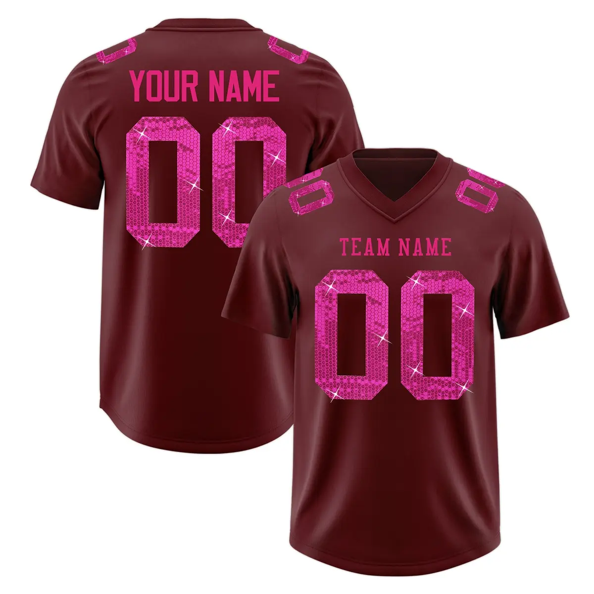 Burgundy Pink Sequin Lettering Football Jersey