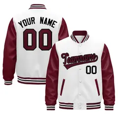 Burgundy White Crimson Black Varsity Full-Snap Letterman Jacket Raglan Leather Sleeves 1