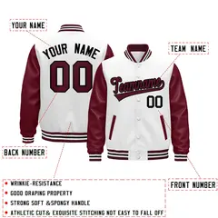 Burgundy White Crimson Black Varsity Full-Snap Letterman Jacket Raglan Leather Sleeves 2