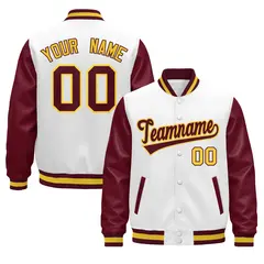 Burgundy White Crimson Gold Varsity Full-Snap Letterman Jacket Raglan Leather Sleeves 1