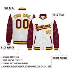 Burgundy White Crimson Gold Varsity Full-Snap Letterman Jacket Raglan Leather Sleeves 2
