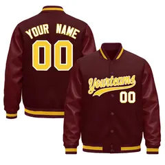 Burgundy White Varsity Jacket with Leather Sleeves Wrinkle-Resistant