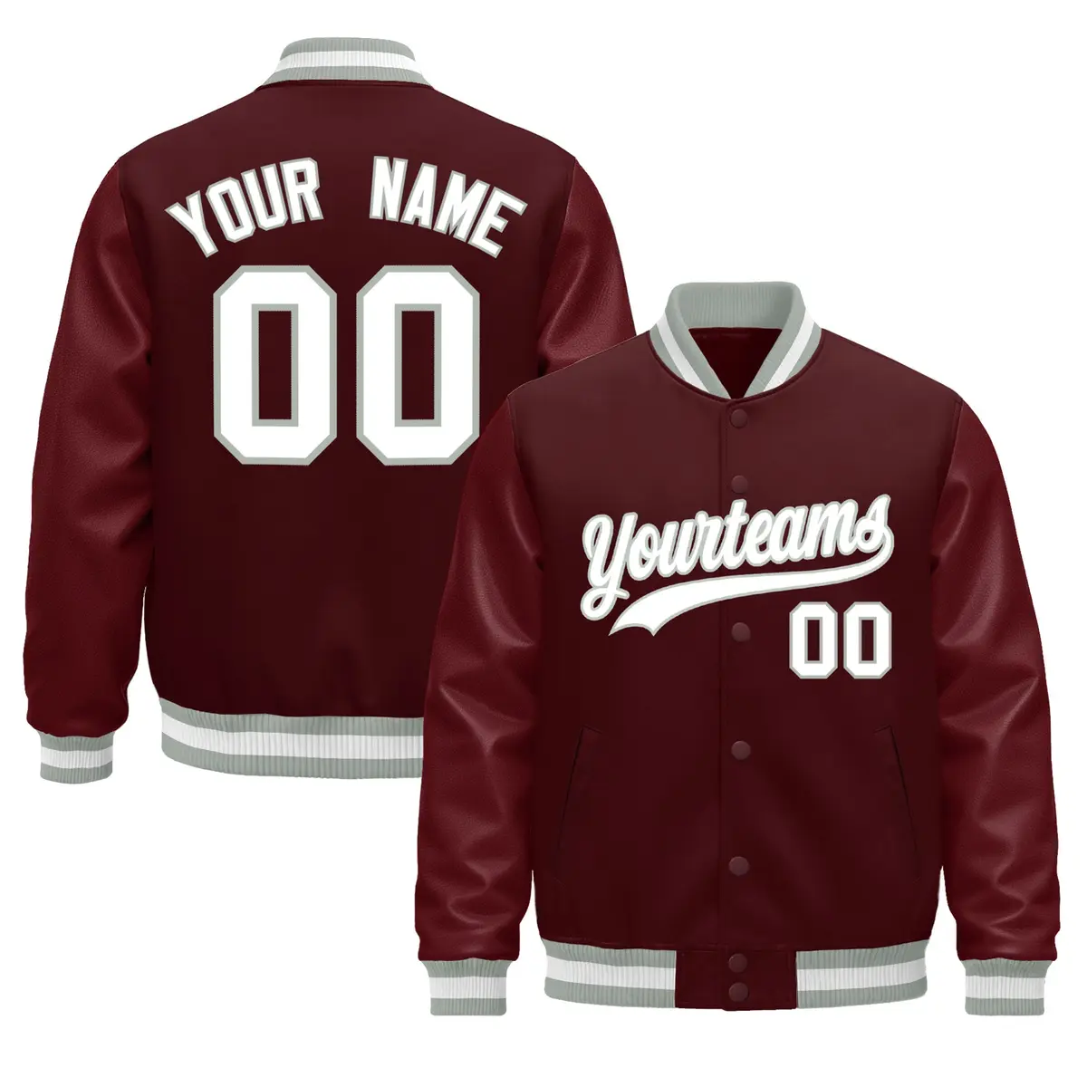 Burgundy White Varsity Jacket with Leather Sleeves Wrinkle-Resistant