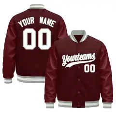 Burgundy White Varsity Jacket with Leather Sleeves Wrinkle-Resistant