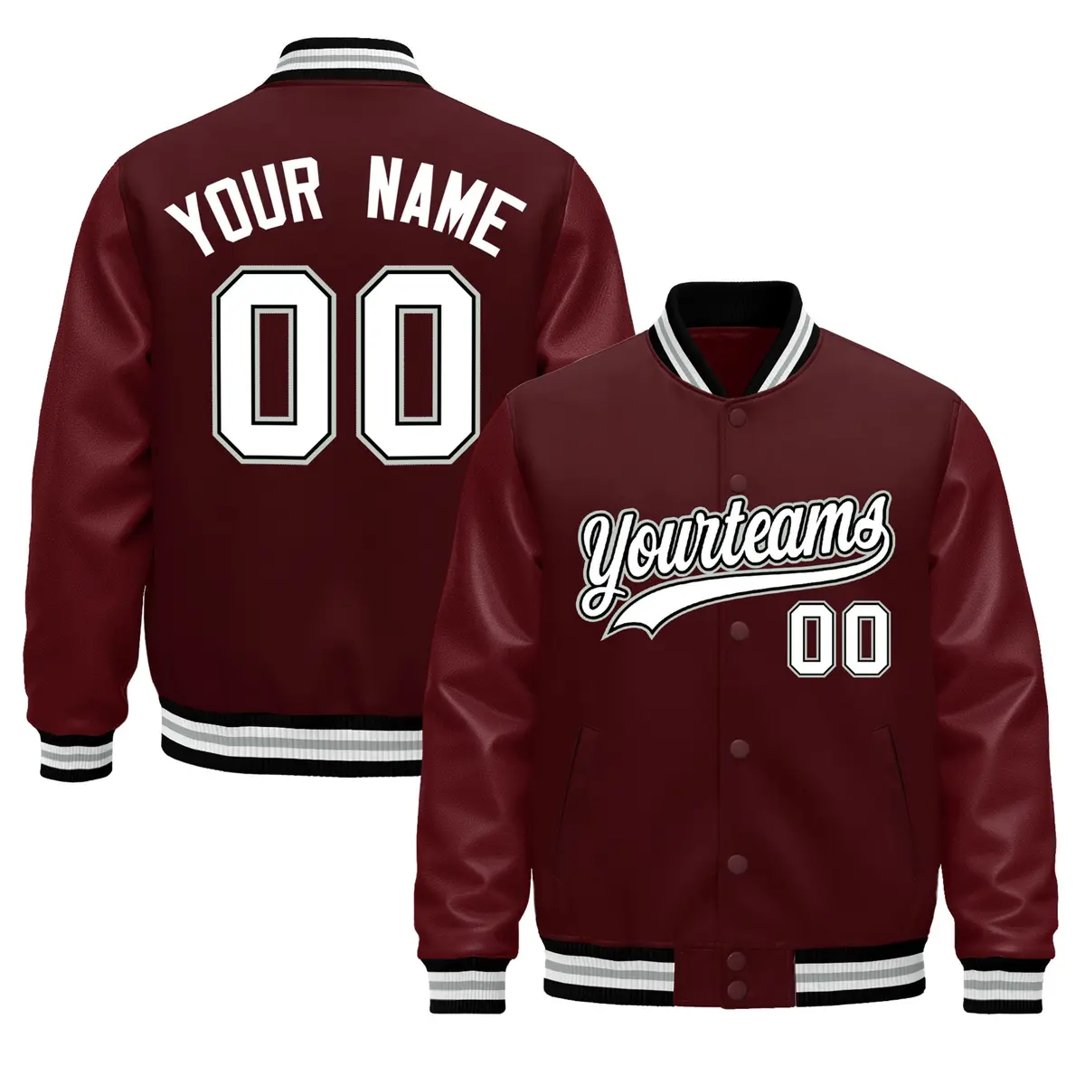 Burgundy White Varsity Jacket with Leather Sleeves Wrinkle-Resistant