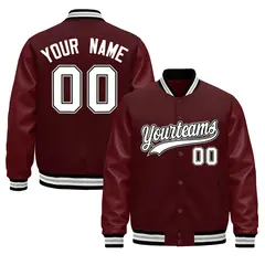 Burgundy White Varsity Jacket with Leather Sleeves Wrinkle-Resistant