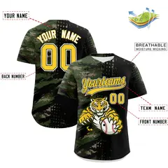Camo Black Gold Full-Snap Tiger Graffiti Baseball Jersey 2