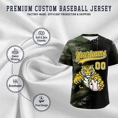 Camo Black Gold Full-Snap Tiger Graffiti Baseball Jersey 3
