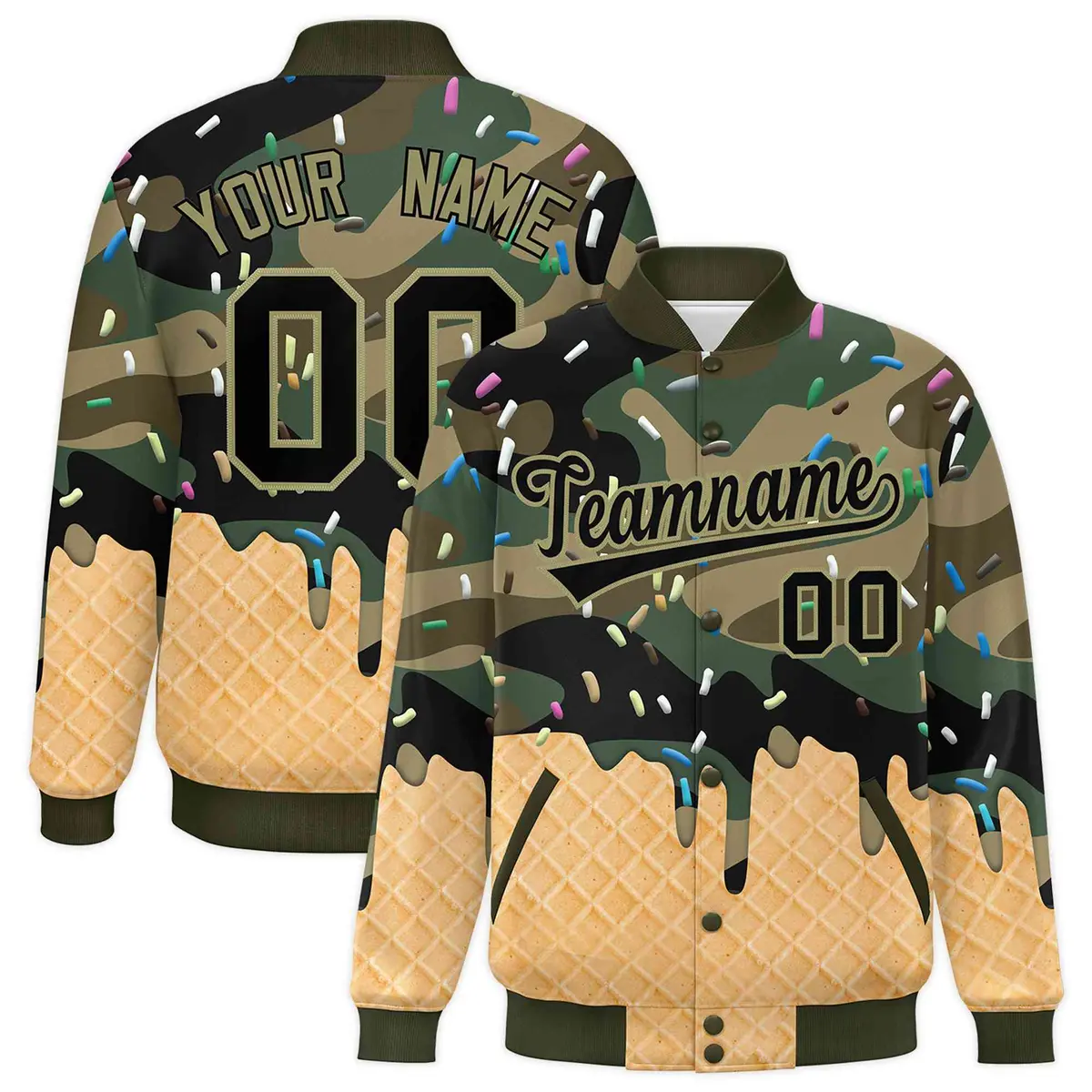 Camo Ice Cream Cone Graffiti Full-Snap Varsity Letterman Jacket