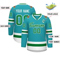 Classic Style Hockey Jersey in Aqua Kelly Green-White 2