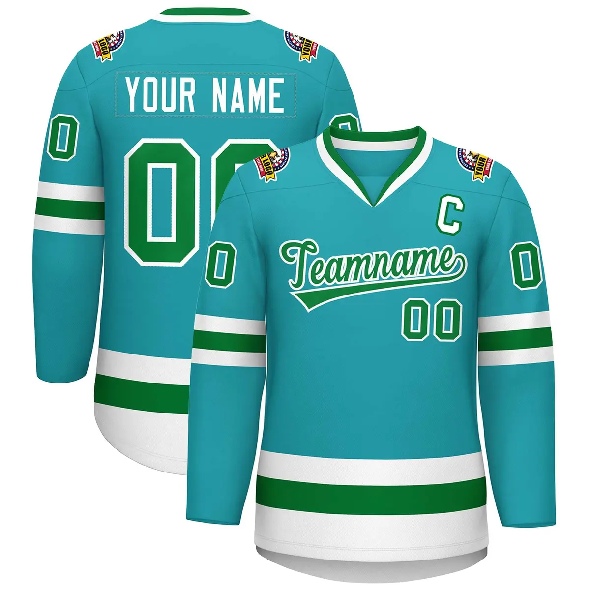 Classic Style Hockey Jersey in Aqua Kelly Green-White