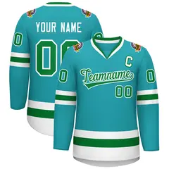Classic Style Hockey Jersey in Aqua Kelly Green-White 1