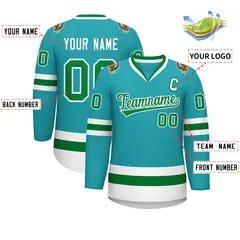 Classic Style Hockey Jersey in Aqua Kelly Green-White 2