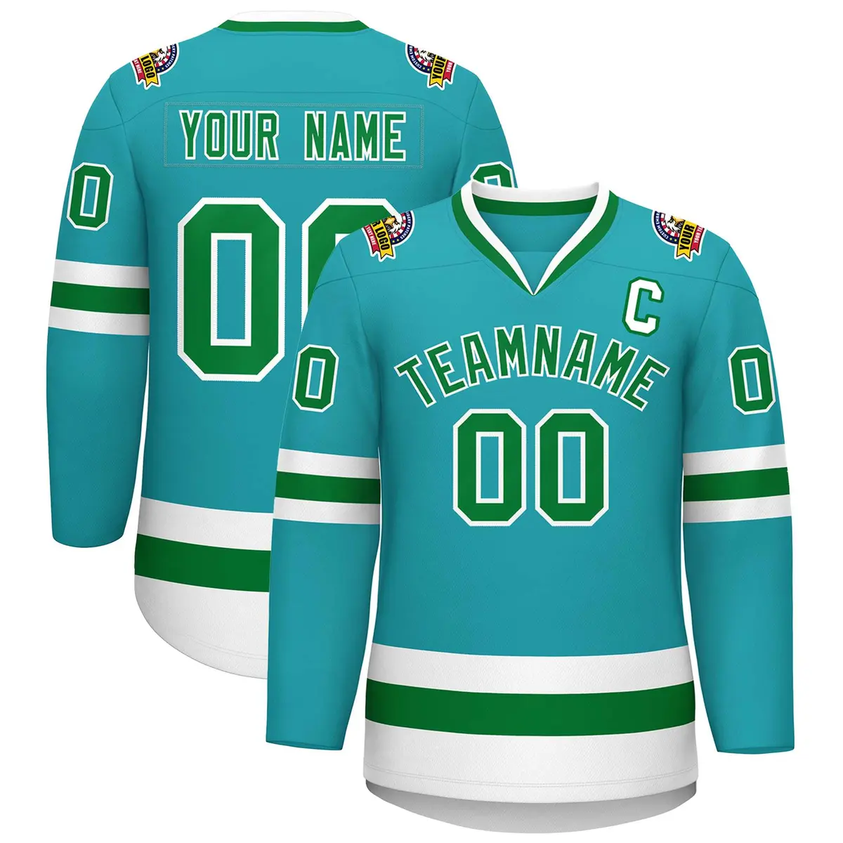 Classic Style Hockey Jersey in Aqua Kelly Green-White
