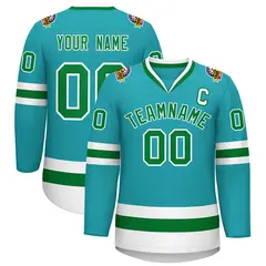 Classic Style Hockey Jersey in Aqua Kelly Green-White 1
