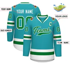 Classic Style Hockey Jersey in Aqua Kelly Green-White 2