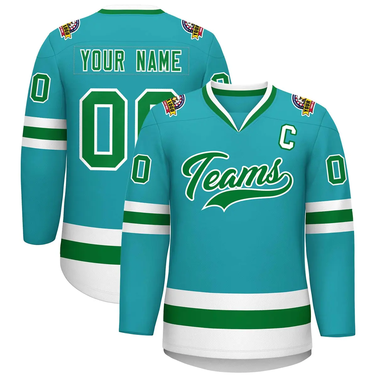 Classic Style Hockey Jersey in Aqua Kelly Green-White