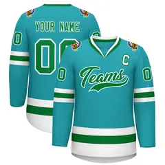Classic Style Hockey Jersey in Aqua Kelly Green-White 1