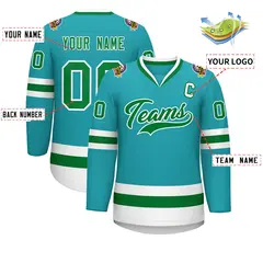 Classic Style Hockey Jersey in Aqua Kelly Green-White 2