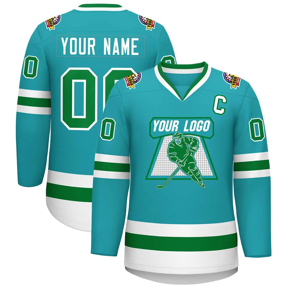 Classic Style Hockey Jersey in Aqua Kelly Green-White