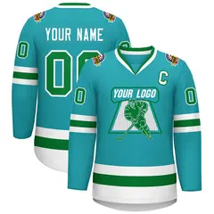 Classic Style Hockey Jersey in Aqua Kelly Green-White 1