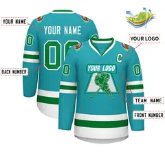 Classic Style Hockey Jersey in Aqua Kelly Green-White 2
