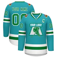 Classic Style Hockey Jersey in Aqua Kelly Green-White 1