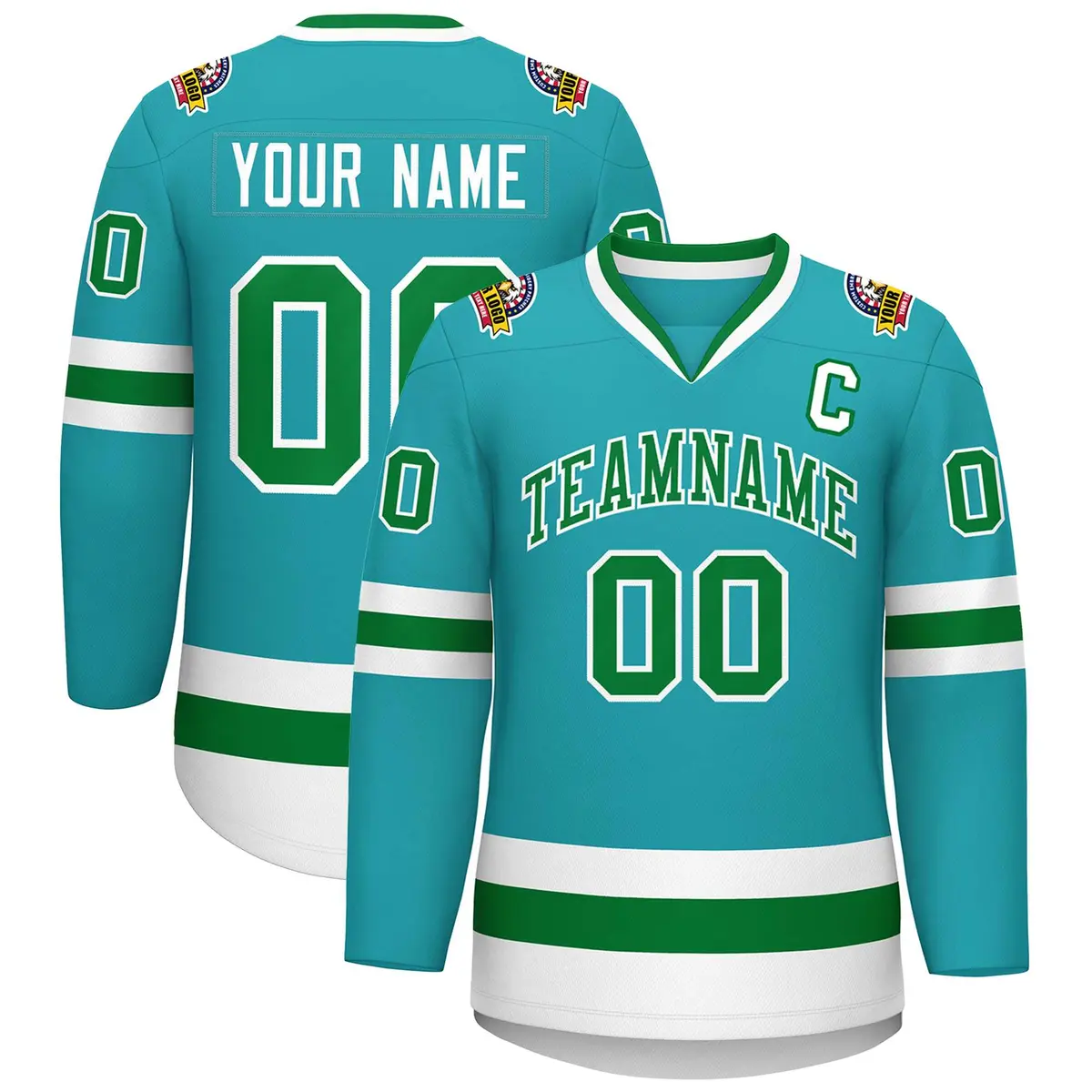 Classic Style Hockey Jersey in Aqua Kelly Green-White