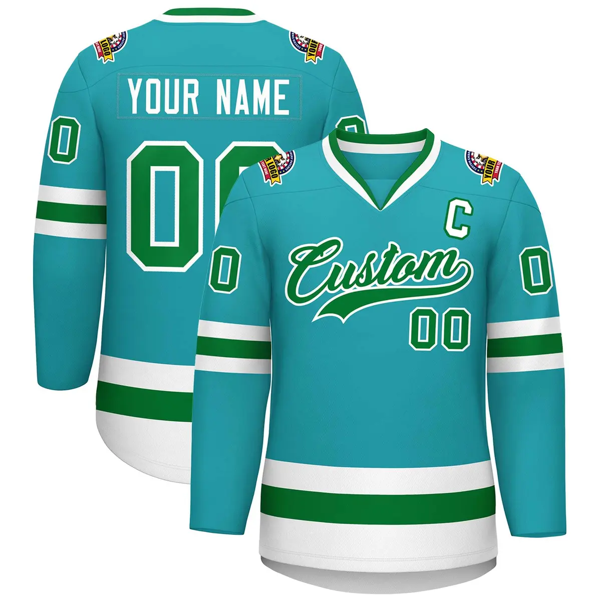 Classic Style Hockey Jersey in Aqua Kelly Green-White