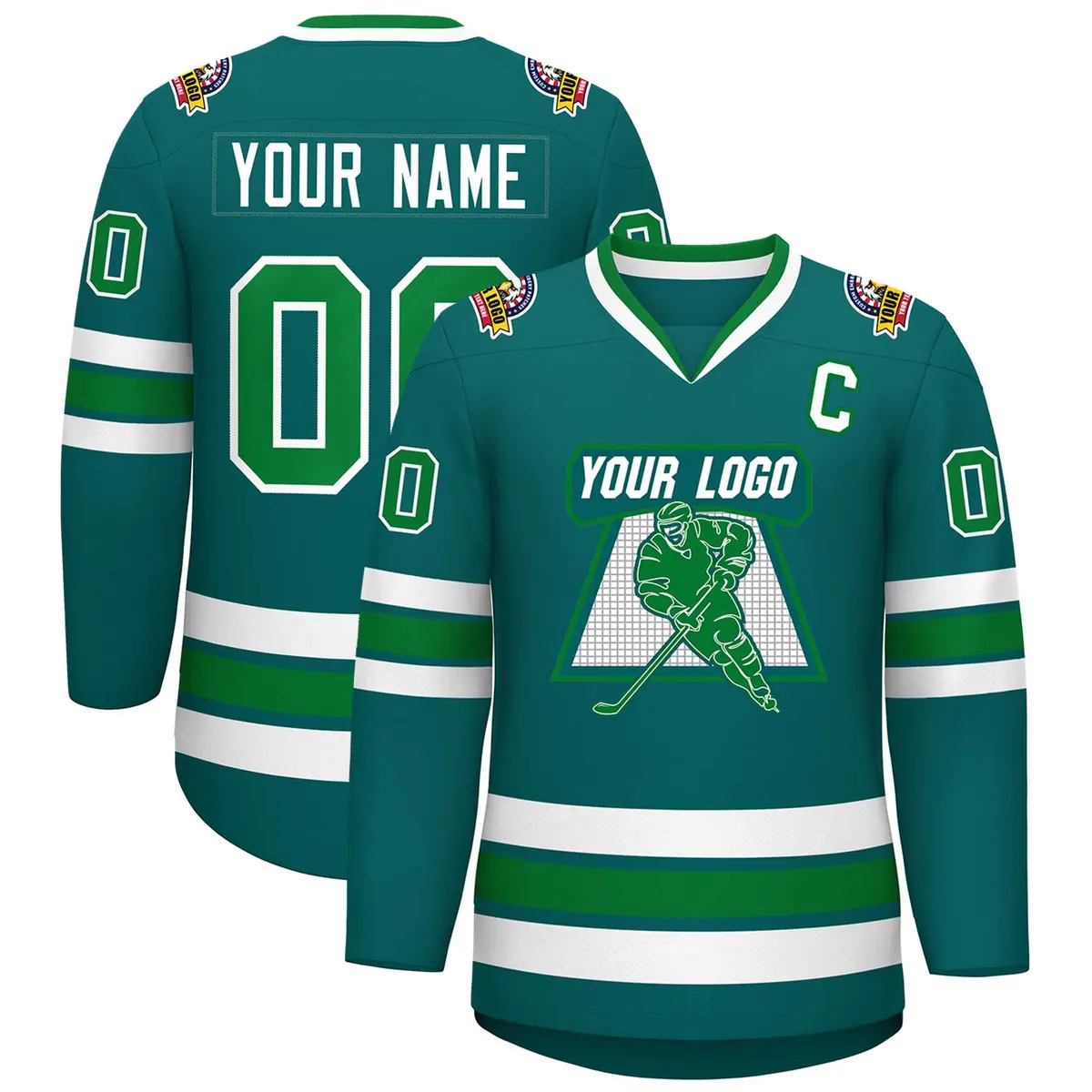 Classic Style Hockey Jersey in Aqua Kelly Green-White