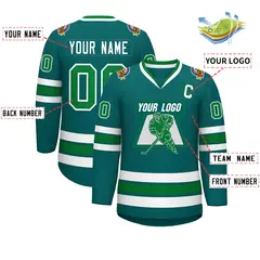 Classic Style Hockey Jersey in Aqua Kelly Green-White 2