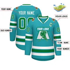 Classic Style Hockey Jersey in Aqua Kelly Green-White 2