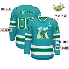 Classic Style Hockey Jersey in Aqua Kelly Green-White 2