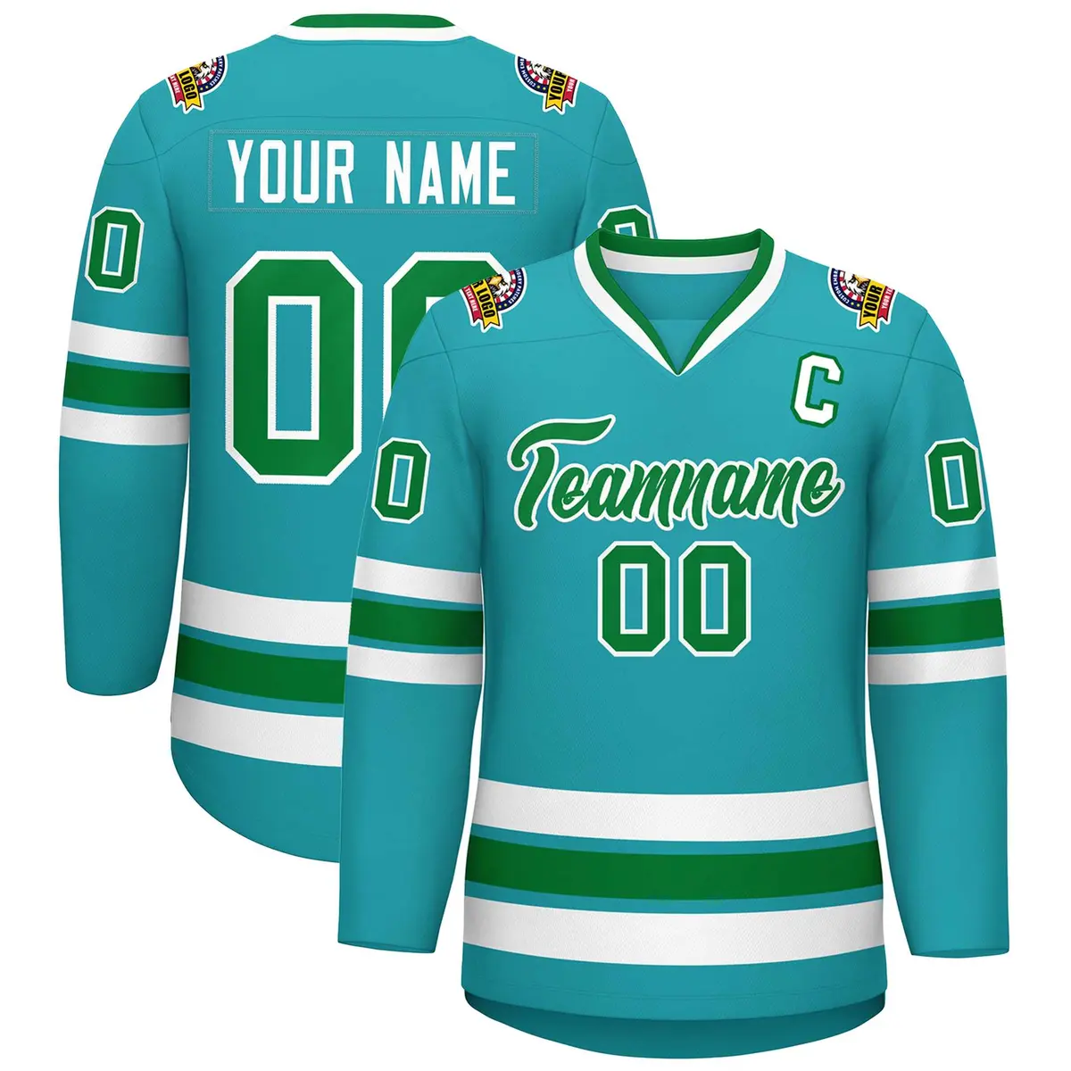 Classic Style Hockey Jersey in Aqua Kelly Green-White