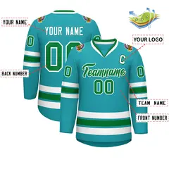 Classic Style Hockey Jersey in Aqua Kelly Green-White 2