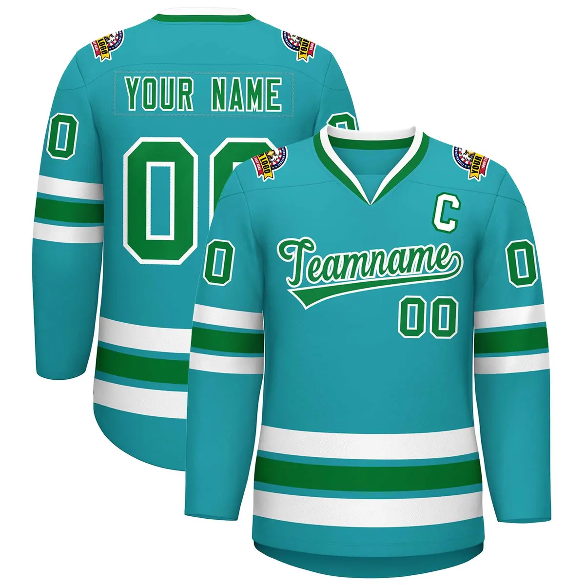 Classic Style Hockey Jersey in Aqua Kelly Green-White