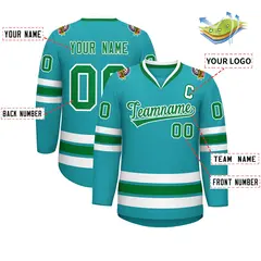 Classic Style Hockey Jersey in Aqua Kelly Green-White 2
