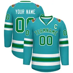 Classic Style Hockey Jersey in Aqua Kelly Green-White 1