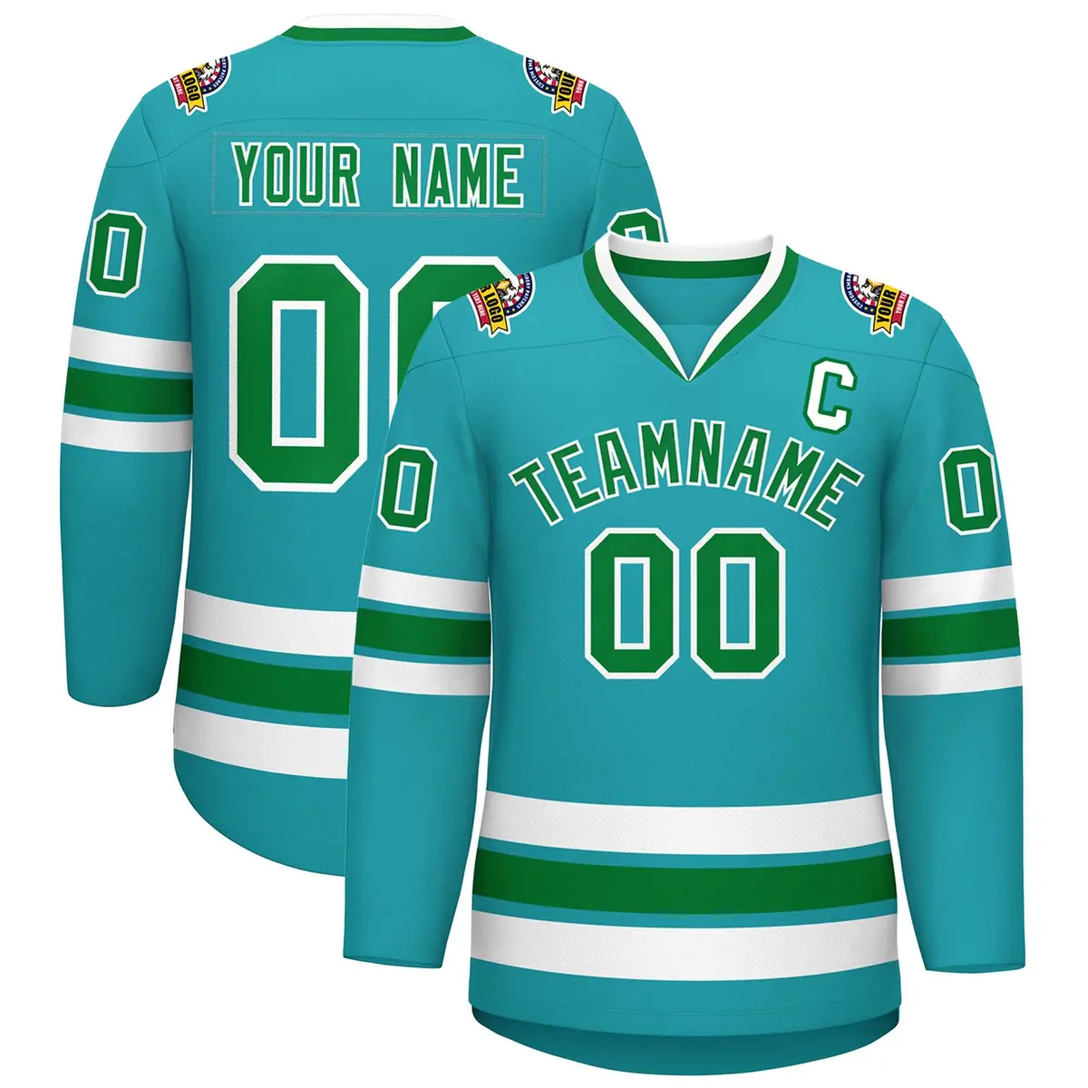 Classic Style Hockey Jersey in Aqua Kelly Green-White
