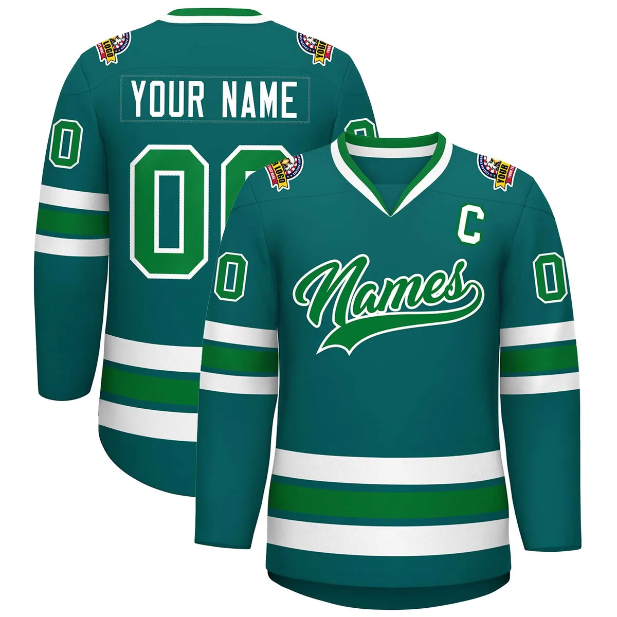 Classic Style Hockey Jersey in Aqua Kelly Green-White