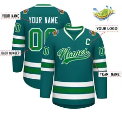 Classic Style Hockey Jersey in Aqua Kelly Green-White 2