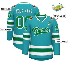 Classic Style Hockey Jersey in Aqua Kelly Green-White 2