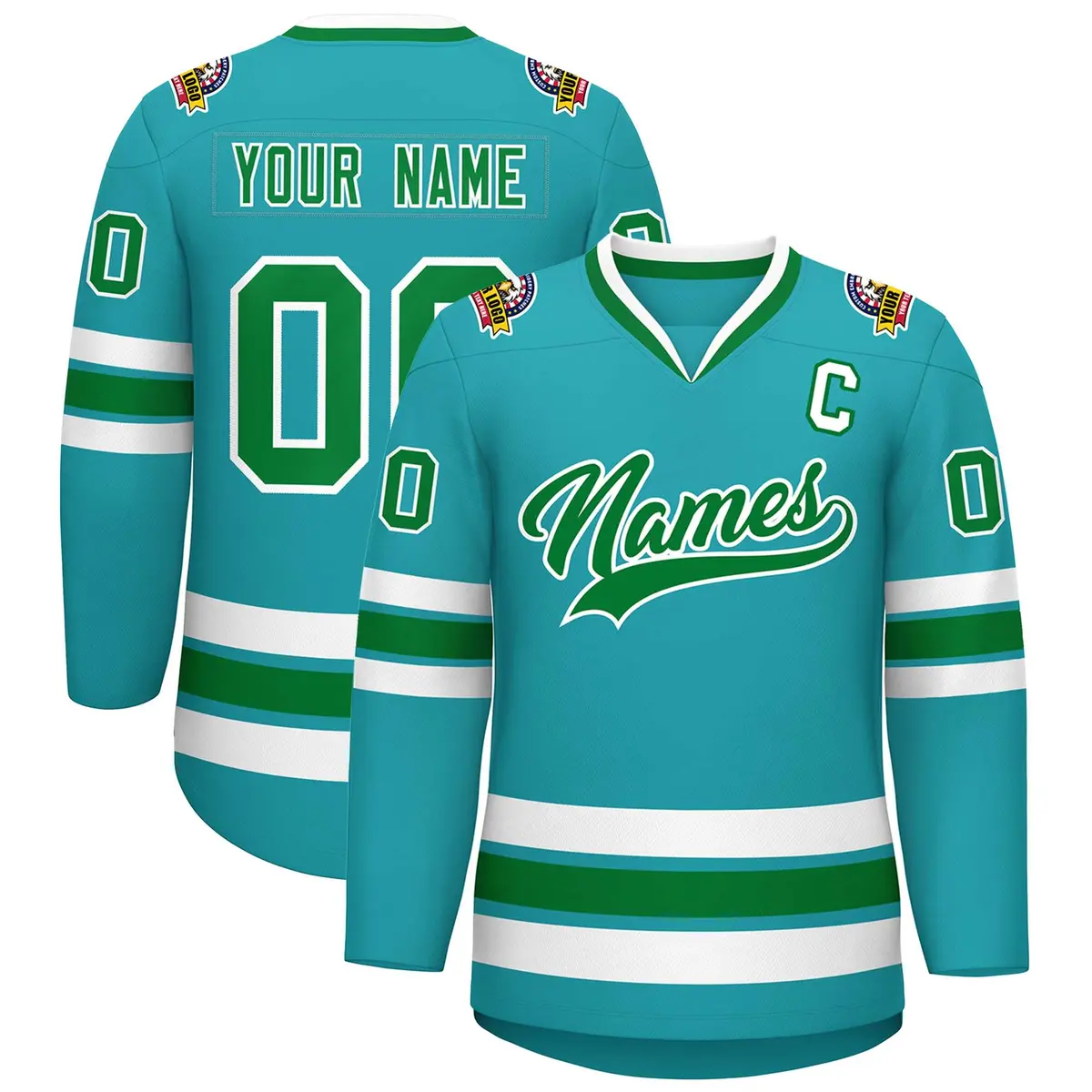 Classic Style Hockey Jersey in Aqua Kelly Green-White