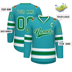 Classic Style Hockey Jersey in Aqua Kelly Green-White 2